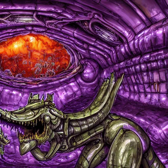 Image similar to detailed shot inside a cavernous living stomach of a giant mecha dragon, the walls purple and pulsing, slimy and hot, lots of acid pooling up on the floor, digesting a bunch humans that ended up inside, food pov, micro pov, vore, digital art, furry art, high quality, 8k 3D realistic, macro art, micro art, Furaffinity, Deviantart, Eka's Portal, G6