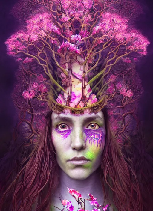 Prompt: psychedelic organic shaman, made of orchids and cherry blossom trees, diffuse lighting, fantasy, intricate, glowing third eye, highly detailed, photorealistic, digital painting, artstation, beautiful woman, concept art, smooth, sharp focus, by john collier and albert aublet, by amanda sage