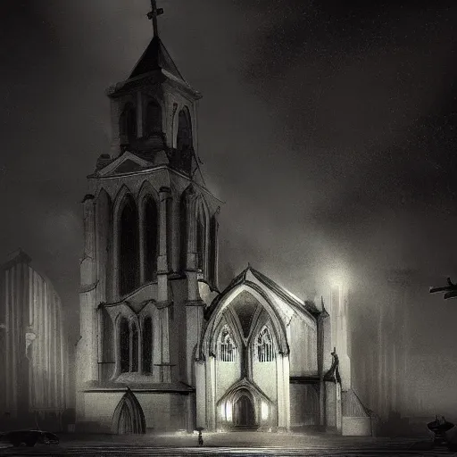 Image similar to victorian church in the middle of the city, dark, misty, at night, 8 k, detailed, concept art, trending on artstation