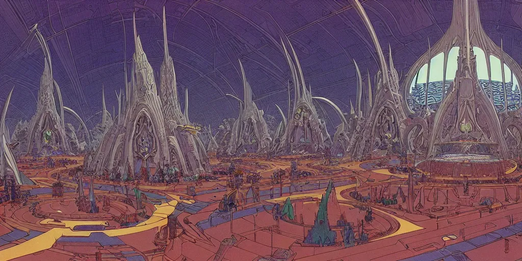 Image similar to cel shaded cinematic shot of the interior of a sci-fi space station with ornate Elven architecture bustling with people, epic castle, emerald, crystalline, detailed illustration, sharp focus, crisp lines, art by Moebius!!!, Jean Giraud Moebius!!! comic illustration