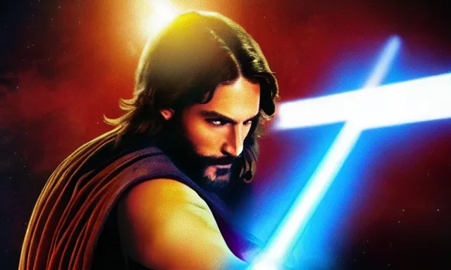 Image similar to full shot photograph of super jesus christ fighting in star wars, using a cross - shaped gold lightsaber, photorealistic, cinematic lighting, extremely detailed, star wars