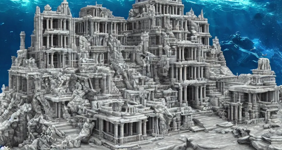 Image similar to a magnificent underwater side view of the lost city of Atlantis, white marble, fully built buildings, temples, hyper detailed, 4K