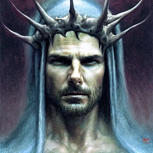 Prompt: portrait of Tom Cruise as demonic Jesus Christ in hood and crown of thorns, dark fantasy, Warhammer, artstation painted by Zdislav Beksinski and Wayne Barlowe