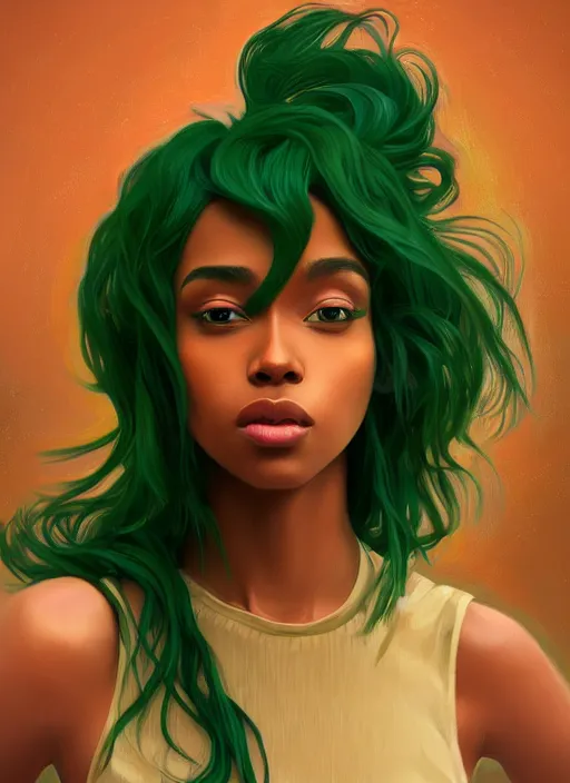 Prompt: handsome and beautiful black women with shoulder length green hair, half body shot, path traced, highly detailed, high quality, digital painting, alena aenami, lilia alvarado, shinji aramaki, karol bak, alphonse mucha, tom bagshaw