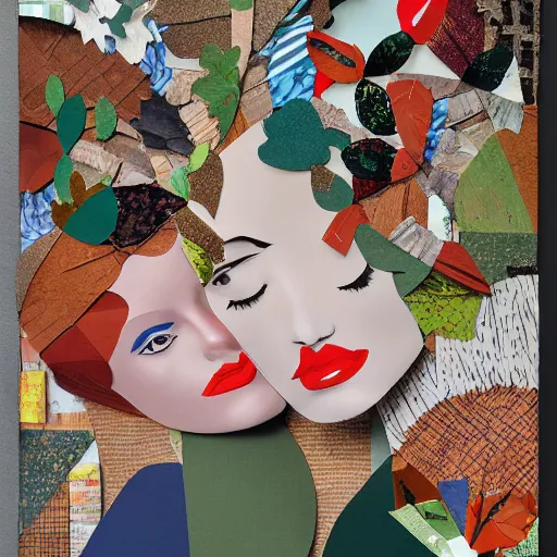 Image similar to paper collage art made of cut up magazines depicting two women kissing happily in a forest