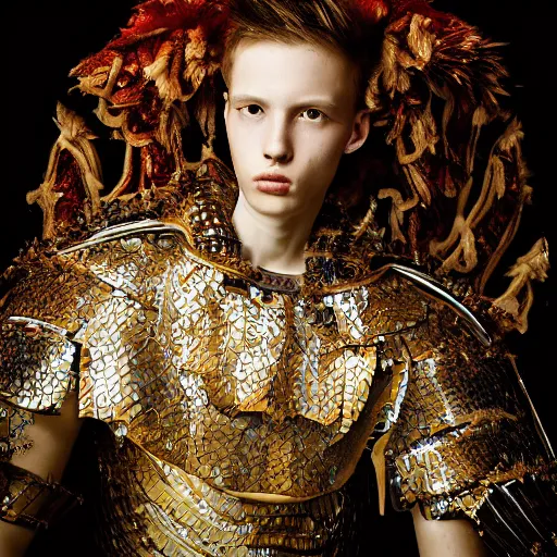 Prompt: a portrait of a beautiful young male wearing an alexander mcqueen armor made of sweet dreams , photographed by andrew thomas huang, artistic