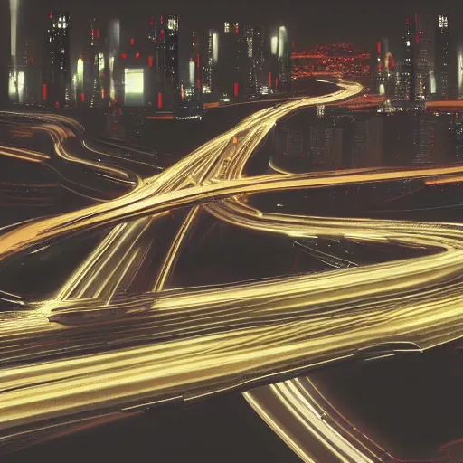 Prompt: futuristic cityscape of tokyo megacity traffic time lapse at night in the style of soviet realism