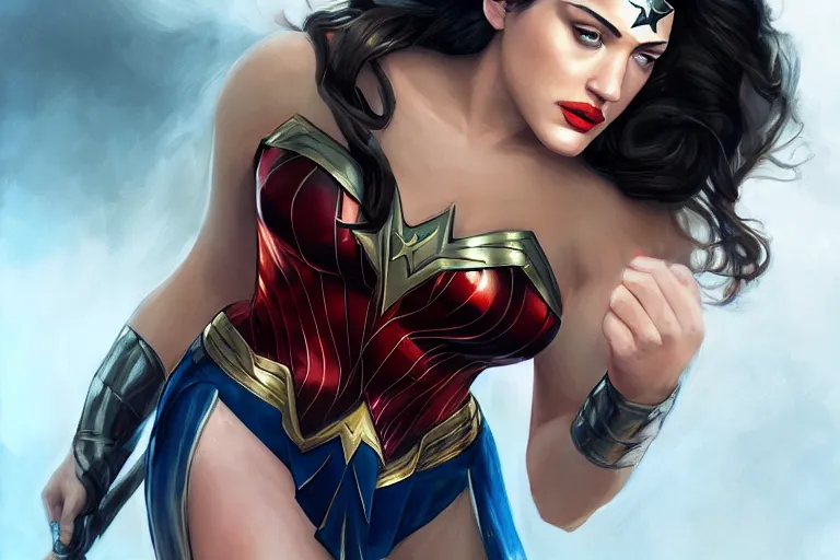 Prompt: Kat Dennings as Wonder Woman by Mandy Jurgens and Artgerm and william-adolphe bouguerea, highly detailed, trending on artstation, award winning, H 768