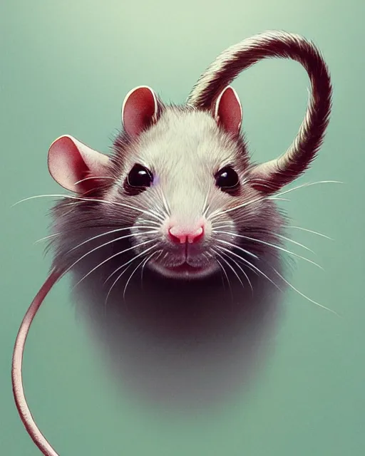 Image similar to highly detailed vfx portrait of a cute little rat with a bow, unreal engine, greg rutkowski, loish, rhads, beeple, makoto shinkai and lois van baarle, ilya kuvshinov, rossdraws, tom bagshaw, alphonse mucha, global illumination, detailed and intricate environment