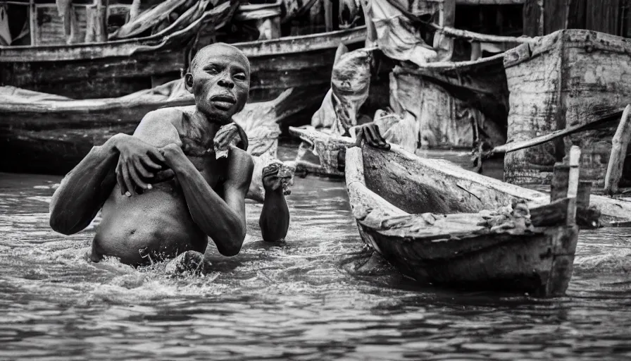 Prompt: movie still by djibril diop mambety of a man in a barque made of flesh on a blood river, leica sl 2, heavy grain, high quality, high detail