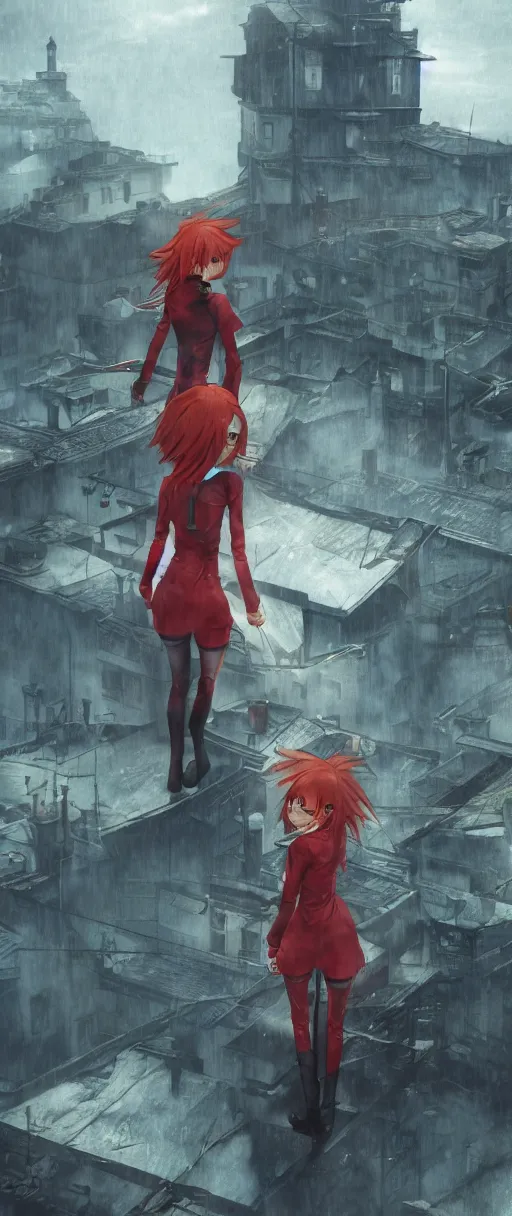 Image similar to asuka langley on a roof in a dishonored town, dunwall city, advanced digital art, dishonored aesthetic, cinematic lighting, rainy weather, melancholy atmosphere, artstation, dunwall city, gothic architecture, volumetric light, octane render, dishonored game, dishonored 1, atmosphere or depression and despair, cute anime face