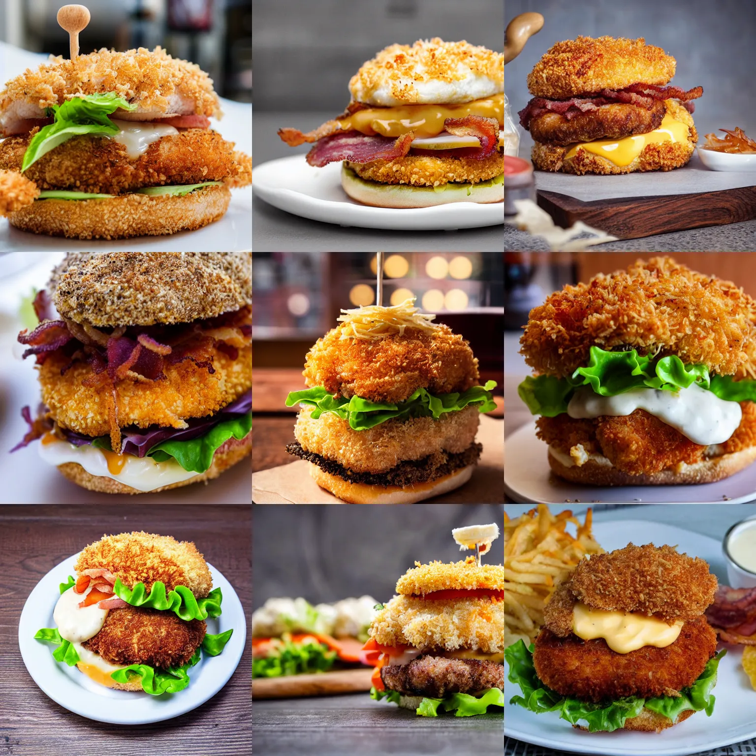 Prompt: chicken breaded in panko on a burger with crispy bacon, cheddar, caramelized onion and tartar sauce, large mouth, sharp teeth, long tongue, photography, realistic, highly detailed, 8 k hd