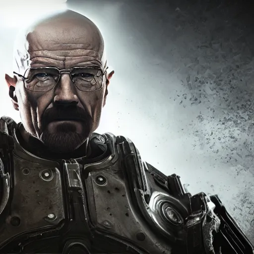 Image similar to Walter White in gears of war, splash art, movie still, detailed face, cinematic lighting, dramatic, octane render, long lens, shallow depth of field, bokeh, anamorphic lens flare, 8k, hyper detailed, 35mm film grain