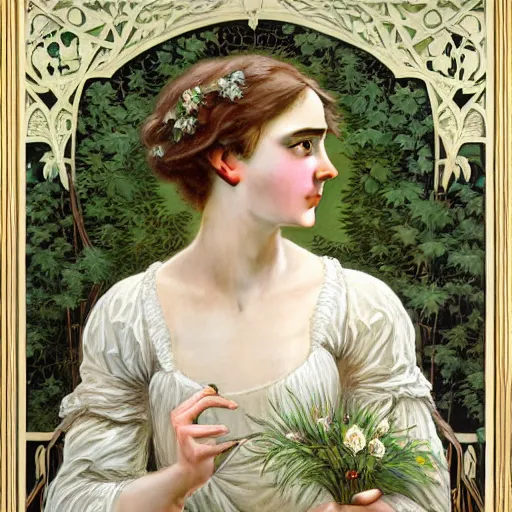 Image similar to a detailed, intricate art nouveau portrait of a young bride who resembles a teenage saoirse ronan and emma watson, in a field of grain, by william adolphe bougereau, john williams waterhouse, alphonse mucha, and donato giancola