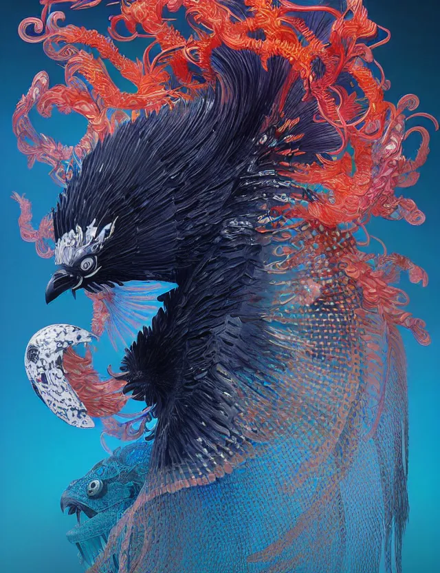 Image similar to 3 d shaman profile portrait. beautiful intricately detailed japanese crow kitsune mask and clasical japanese kimono. betta fish, jellyfish phoenix, bio luminescent, plasma, ice, water, wind, creature, artwork by tooth wu and wlop and beeple and greg rutkowski