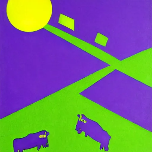 Prompt: cows casting a shadow being abducted by ufo in summer night from pasture. aerial view, minimalism, precisionist in style of patrick nagel, purple and green gamma with contrast and shadows