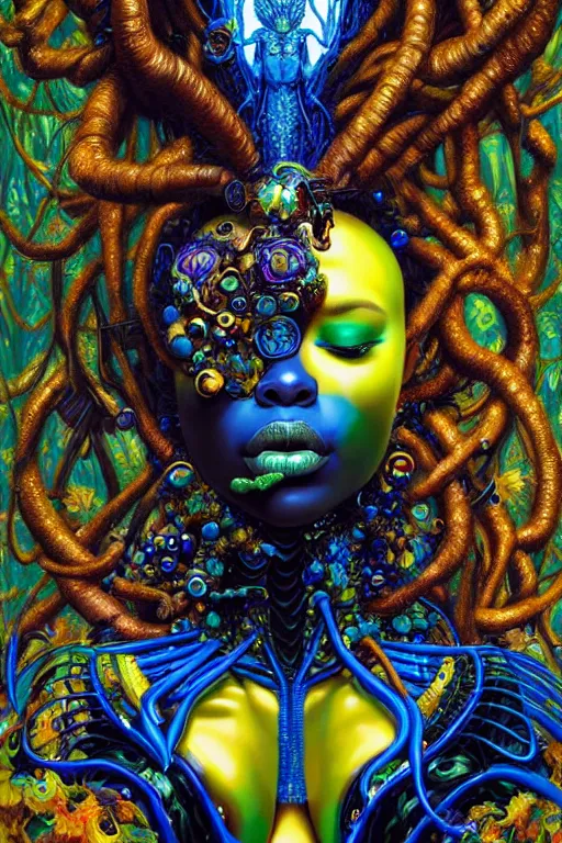 Image similar to hyperrealistic maximalist super expressive! black woman with exoskeleton armor, merging with tree in a forest, highly detailed digital painting masterpiece smooth cam de leon hannah yata dramatic pearlescent blue yellow light ground angle hd 8k sharp focus