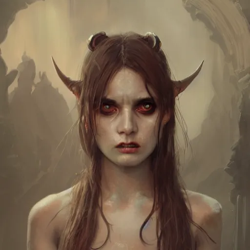 Image similar to a demon girl ( ( mr. bean ) ) at the gates of hell, flawless symmetrical pretty cute face, greg rutkowski, 8 k, shallow depth of field, intricate detail, concept art,