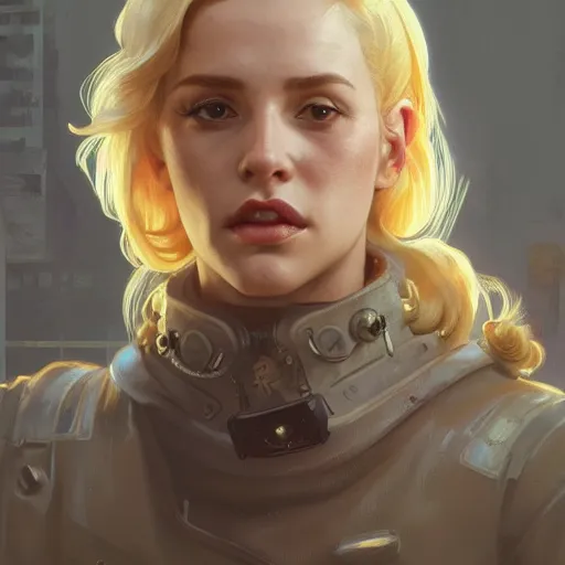 Image similar to Half portrait of a woman with blonde hair as a character in Fallout 4 walking in Boston City, gorgeous, beautiful, intricate, highly detailed, digital painting, artstation, oppressive lighting, concept art, sharp focus, illustration, art by greg rutkowski and alphonse mucha