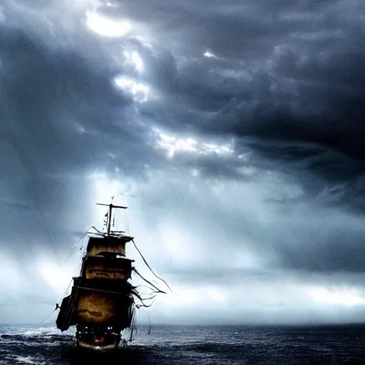 Prompt: jack sparrow on the black pearl looking out on an endless dark ocean with an ominous thunder cloud coming towards to the ship