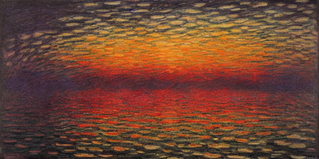 Image similar to An aesthetically pleasing, dynamic, energetic, lively, well-designed digital art of a sunset, light and shadow, caustics, by Claude Monet, superior quality, masterpiece, excellent use of negative space.