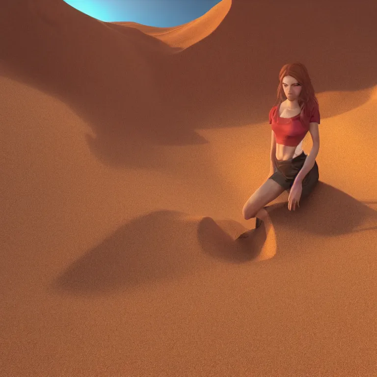 Prompt: octane render portrait by wayne barlow and carlo crivelli and glenn fabry, a beautiful symmetrical human face face inside of a gigantic huge colorful sand dune, inside a giant beautiful dessert at goldenhour, light beams, cinema 4 d, ray traced lighting, very short depth of field, bokeh