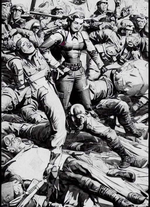 Image similar to beautiful female captain america standing on a pile of defeated german soldiers. feminist captain america wins wwii. american wwii propaganda poster by james gurney overwatch. anime.