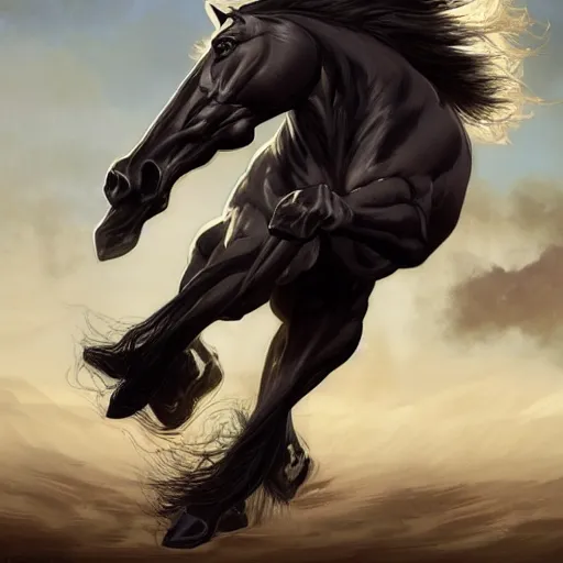 Prompt: splash art of a huge muscular black - coated anthropomorphic horse character with long white hair wearing tactical kevlar fabric, exaggerated muscle physique, highly detailed, furry, furaffinity, digital painting, artstation, sharp focus, illustration, art by artgerm, greg rutkowski, alphonse mucha
