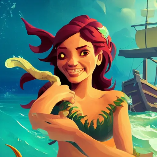 Image similar to painting mermaid treasure on sea of thieves game avatar hero smooth face median photoshop filter cutout vector, behance hd by jesper ejsing, by rhads, makoto shinkai and lois van baarle, ilya kuvshinov, rossdraws global illumination