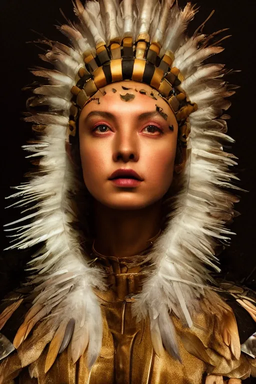 Prompt: a close up matte portrait of an attractive stern fierce 25yo female goddess of nuclear explosions wearing a divine costume with a modular grand headpiece. matte painting portrait by Alessio Albi, Ross Tran, and WLOP, her outfit is made of leather and feathers and was designed by Yoshitaka Amano in the style of an explosion. headshot. trending on artstation, quirky composition, volumetric light, in the style of a 1970s sci fi book cover