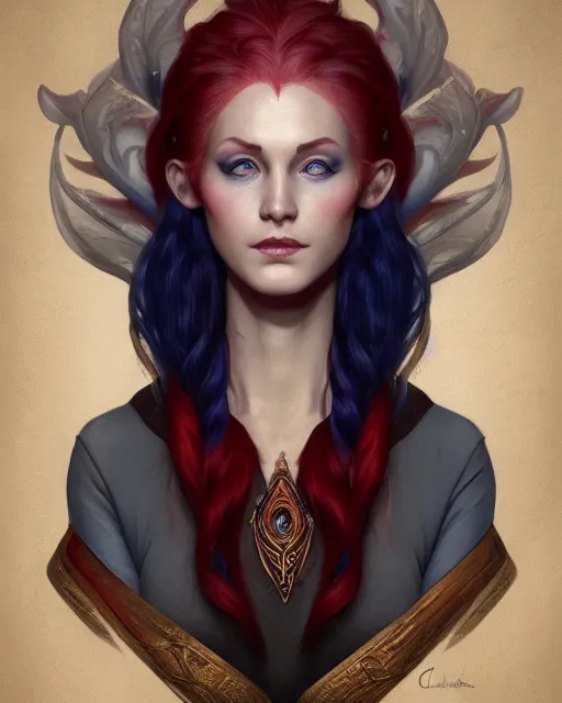 Prompt: A detailed matte oil on canvas head on symmetrical portrait of a distinguished elven woman with vertically separated red and blue hair on an empty background , by Charlie bowater and lise deharme wlop, trending on artstationhd, dungeons and dragons art, critical role