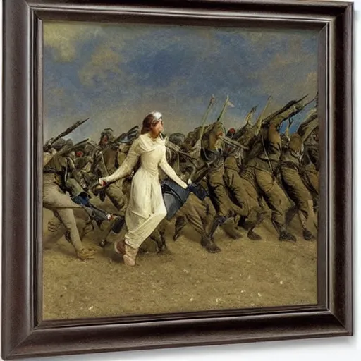 Image similar to action heroine leading an army by foot, by alfred stevens