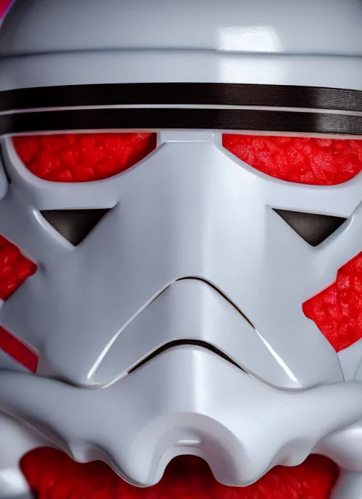 Image similar to intricate hyper detailed ultra sharp star wars stormtrooper helmet material is!!! watermelon!!!, up close shot, sharp focus, global illumination, radiant light, archimboldo!!!, alexandre ferra, irakli nadar, octane render, unreal engine, 4 k, ultra hd,