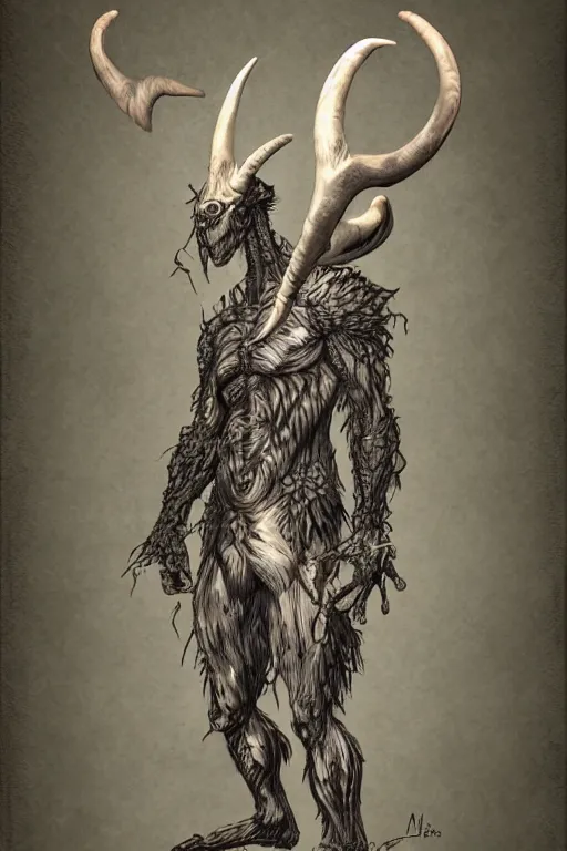 Image similar to humanoid figure monster with goat horns, highly detailed, digital art, sharp focus, trending on art station, kentaro miura manga art style