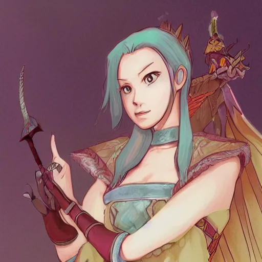 Image similar to DnD character art of rhiannon by hayao miyazaki, digital illustration,