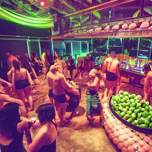 Image similar to a photo of a very weird nightclub. fat men in swimsuits and giant fruit and vegetables all over the floor.