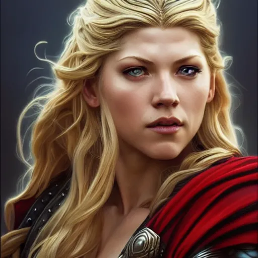 Image similar to beautiful Katheryn Winnick as Lady Thor, western, closeup, D&D, fantasy, intricate, elegant, highly detailed, digital painting, artstation, concept art, matte, sharp focus, illustration, art by Artgerm and Greg Rutkowski and Alphonse Mucha