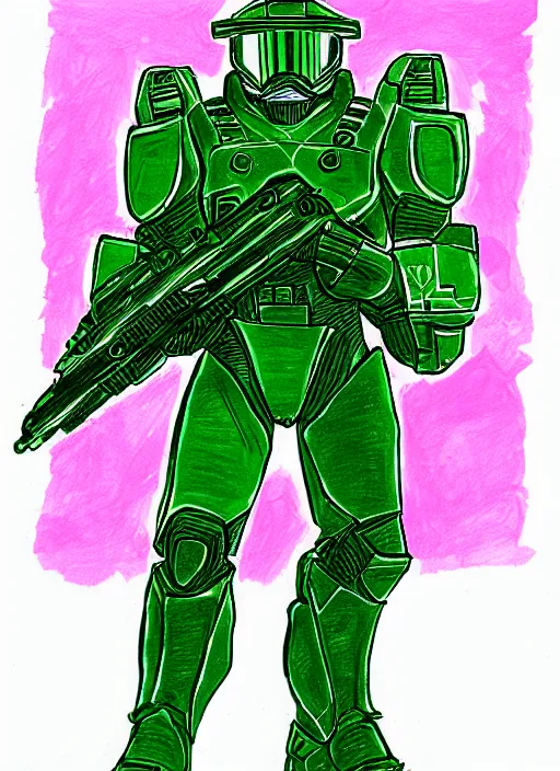 Image similar to green master chief drawn with markers on a pink background