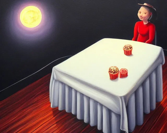 Prompt: a painting of the concept of joy on a table at night, ultrafine detailed painting by rafal olbinski, behance contest winner, pop surrealism, detailed painting, very detailed, minimalist, skeuomorphic, airbrush art