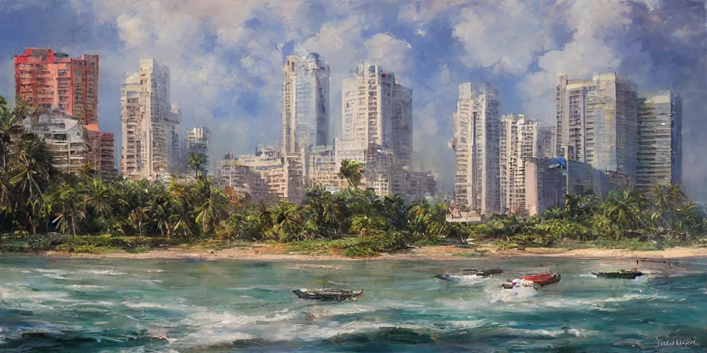 Image similar to colombo sri lanka cityscape, ocean, colombo world trade centre, art by Daniel F. Gerhartz