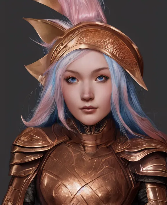 Image similar to a beautiful and highly detailed digital portrait of a dignified elf with long blue hair in rose gold armor by artgerm and lu ji, centered, artsation contest winner, cgsociety, fantasy art, cryengine, concept art, photorealism, daz 3 d, sketchfab, zbrush, vray