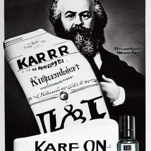 Image similar to karl marx cologne advertisement, black and white