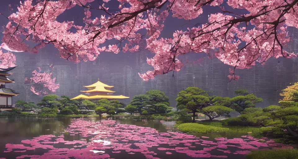 Prompt: Futuristic Japanese landscape with lots of Sakura blossoms and a temple, center composition, cinematic, rendered by simon stålenhag, rendered by Beeple, Makoto Shinkai, syd meade, environment concept, digital art, starwars, unreal engine, 3 point perspective, WLOP, trending on artstation, low level, 4K UHD image, octane render,