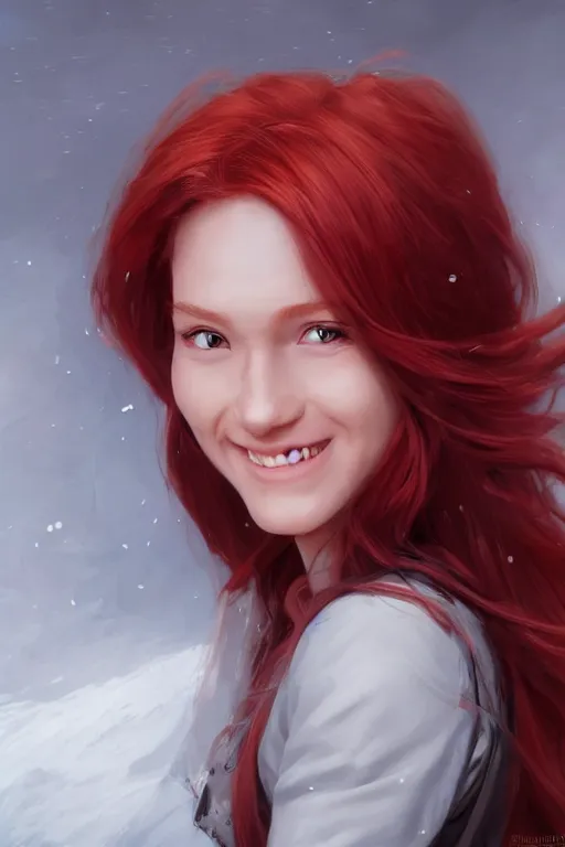 Image similar to ultra realistic style illustration of a cute red haired young woman smiling, 1 9 year old, headshot, sci - fi, fantasy, intricate, elegant, digital painting, artstation, concept art, smooth, sharp focus, illustration, 8 k frostbite 3 engine, ultra detailed, art by artgerm and greg rutkowski and magali villeneuve