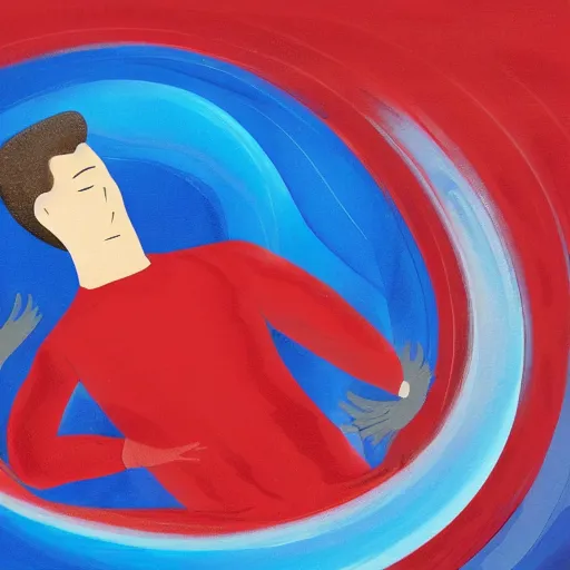 Image similar to A beautiful conceptual art of a man in a red suit with a blue background. The man's eyes are closed and he has a serene, content look on his face. His arms are crossed in front of him and he appears to be floating in space. The blue background is swirling with geometric shapes and patterns. by Clive Madgwick bleak, rigorous