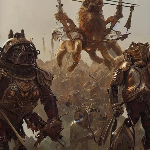 Image similar to group of humanoids with pug heads with stern expressions dressed in armor going to battle english countryside, ssci - fi and fantasy, intricate and very very beautiful and elegant, highly detailed, digital painting, artstation, concept art, smooth and sharp focus, illustration, art by tian zi and wlop and alphonse mucha