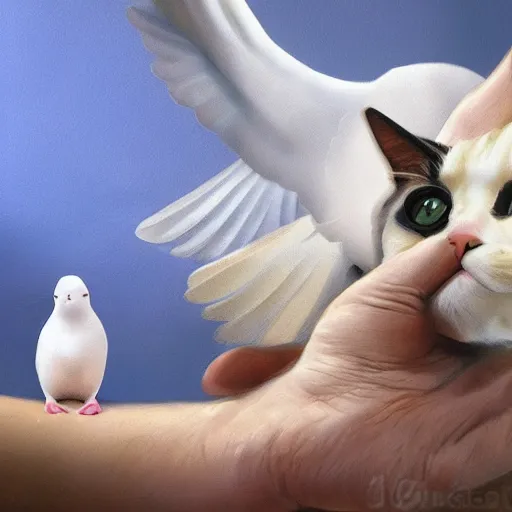 Image similar to cat playing with the dove of peace, photorealistic, detailed