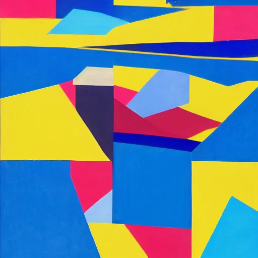 Prompt: an abstract landscape composed of bold geometric shapes in primary colors.