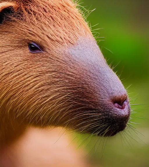 Image similar to award winning 5 5 mm close up portrait color photo of a capybara with pink slime oozing out of its nose, in a park by luis royo. soft light. sony a 7 r iv