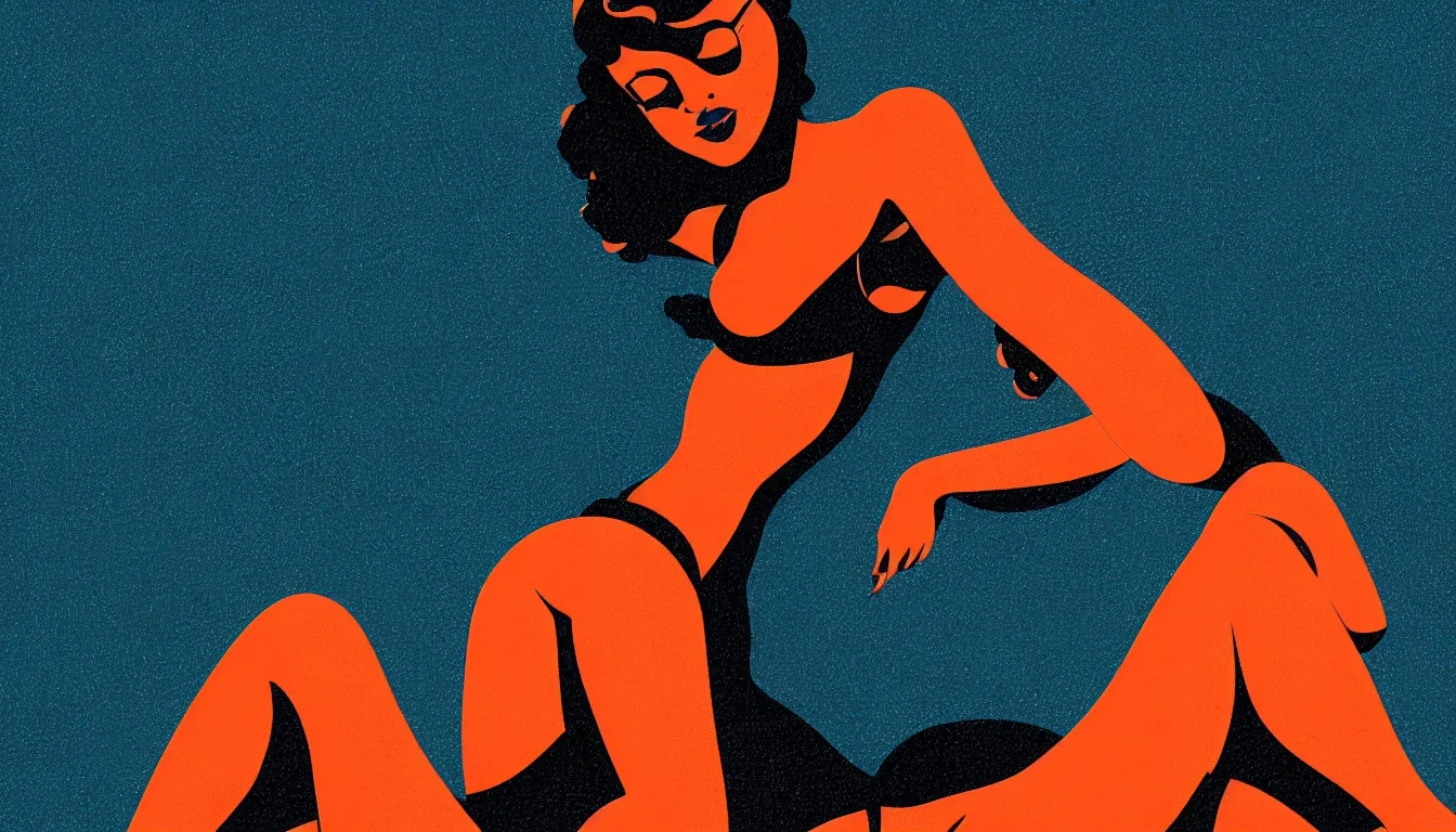 Prompt: pinup woman by the pool by mads berg, karolis strautniekas, film noir, stippled light, dramatic lighting, editorial illustration, detailed, fine texture, matte print, art deco, brutalism, dark blue + dark orange, red, black, ( ( habitat 6 7 background ) )